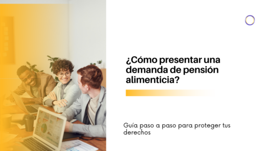 Three colleagues discuss at a laptop in a bright office, with an orange tint on the left; article title about child support appears on the right.