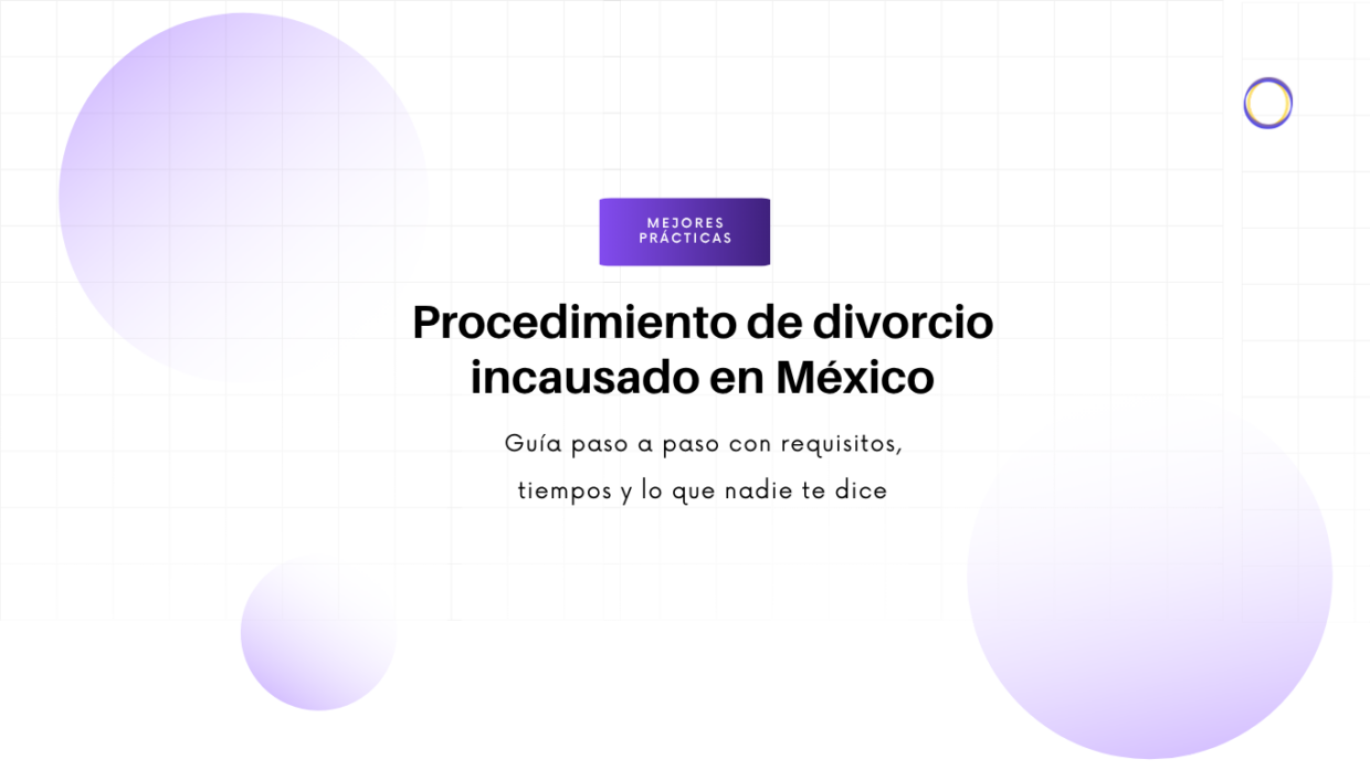 Hero section with the title 'Procedimiento de divorcio incausado en México' and subtitle about steps, timelines, and tips; small purple badge reads 'Mejores prácticas'.