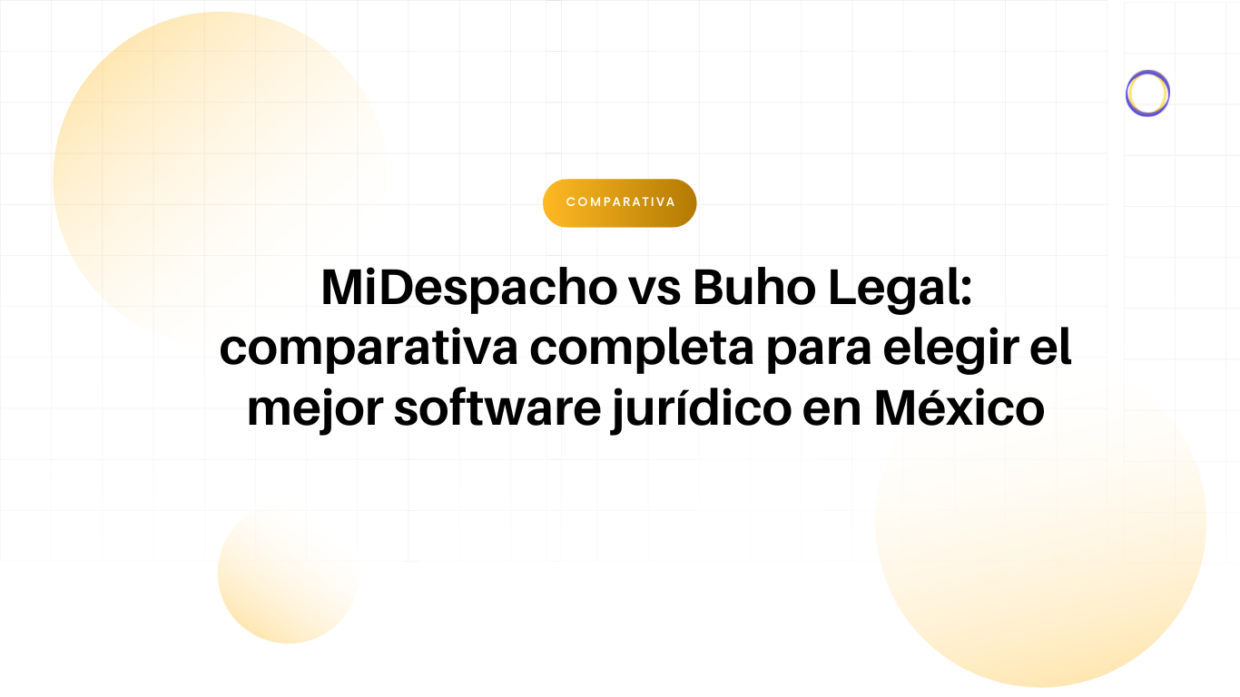 Encabezado de artículo en español: 'MiDespacho vs Buho Legal' con botón 'Comparativa' y fondo de círculos difuminados.