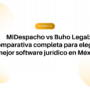 Encabezado de artículo en español: 'MiDespacho vs Buho Legal' con botón 'Comparativa' y fondo de círculos difuminados.