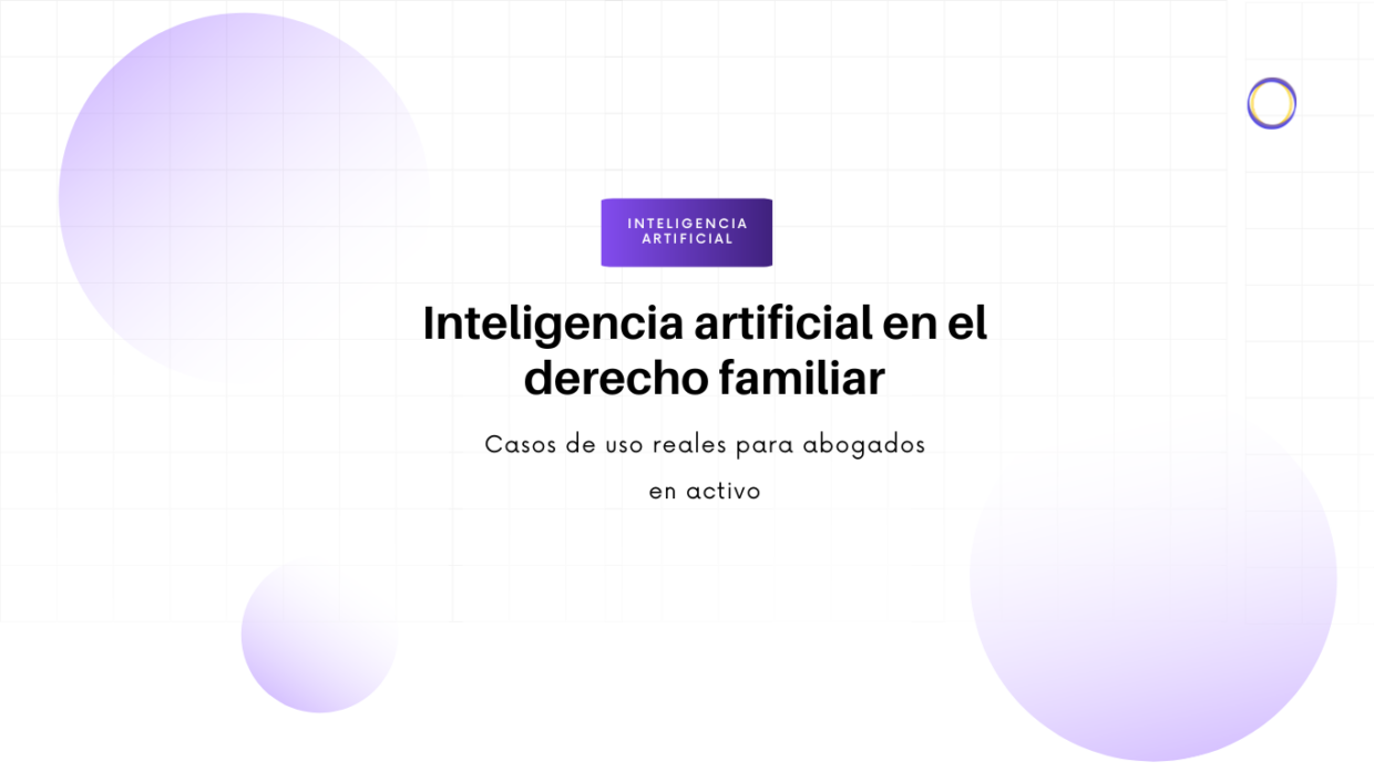 Hero banner anunciando inteligencia artificial en el derecho familiar, con subtítulo sobre casos reales para abogados activos (decoración en lavanda).