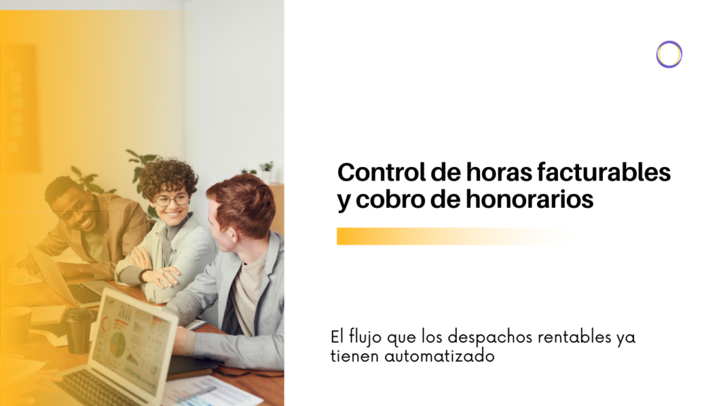 Three coworkers smile and discuss at a table with laptops, left side tinted orange for a warm, collaborative office scene.