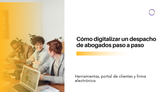 Hero image showing a diverse team in a meeting with laptops, orange overlay on the left, for a guide on digitizing a law firm.