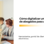 Hero image showing a diverse team in a meeting with laptops, orange overlay on the left, for a guide on digitizing a law firm.