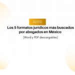 Encabezado de la página: 'Los 5 formatos jurídicos más buscados por abogados en México' (Word y PDF descargables) con un badge naranja 'Recursos gratuitos' y fondo con círculos suaves.