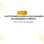 Encabezado de la página: 'Los 5 formatos jurídicos más buscados por abogados en México' (Word y PDF descargables) con un badge naranja 'Recursos gratuitos' y fondo con círculos suaves.