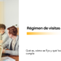 Equipo de trabajo sonriente en una reunión junto a laptops; título 'Régimen de visitas en México' en blanco a la derecha con subtítulo.