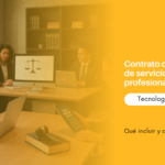 Informational banner about a professional services contract in legal technology; left side shows people in a meeting with laptops, a gavel, and books; orange panel on right with text.