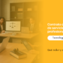Informational banner about a professional services contract in legal technology; left side shows people in a meeting with laptops, a gavel, and books; orange panel on right with text.
