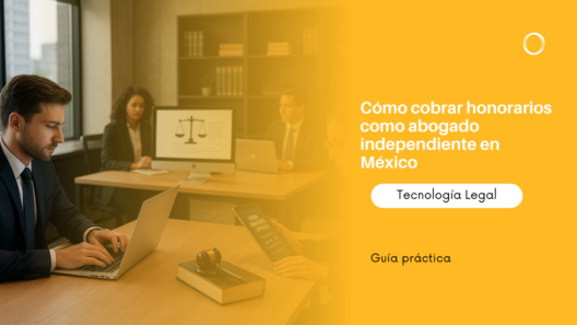Abogados trabajando en una sala de oficina con laptops mientras aparece un anuncio naranja con texto promocional sobre cobrar honorarios como abogado independiente en México