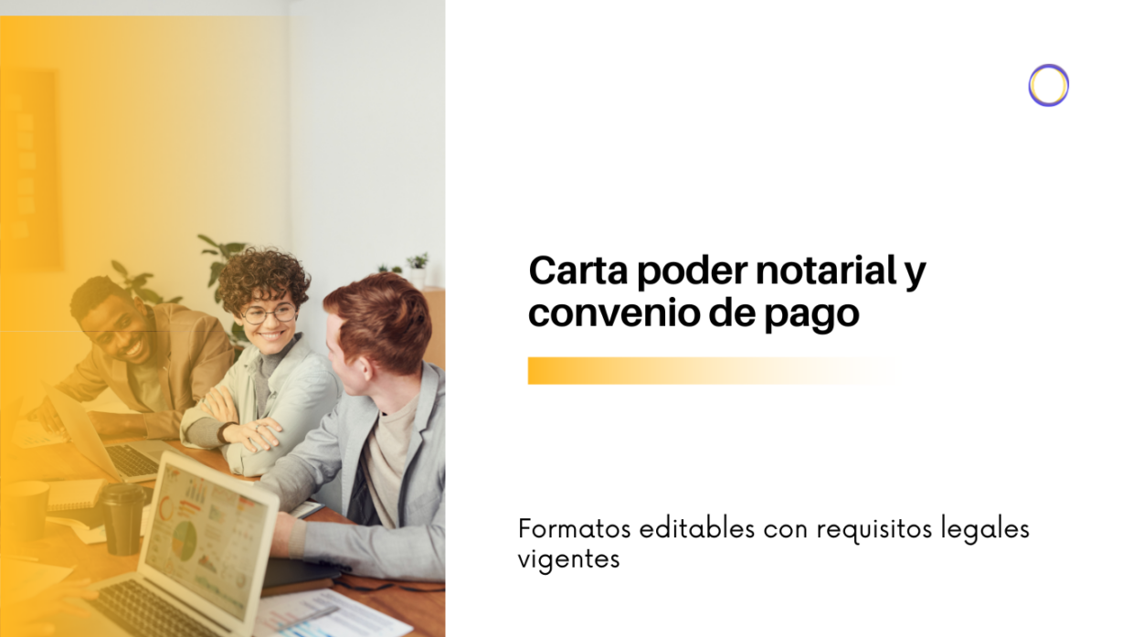 Hero image showing three professionals at a table with laptops, orange gradient overlay on the left; page title reads 'Carta poder notarial y convenio de pago' on the right.