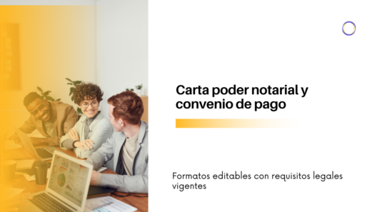 Hero image showing three professionals at a table with laptops, orange gradient overlay on the left; page title reads 'Carta poder notarial y convenio de pago' on the right.