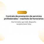 Encabezado en español anunciando un contrato de servicios profesionales y un model de honorarios, con círculos amarillos en el fondo (hero)
