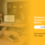 Equipo de abogados trabajando en laptops en una oficina; anuncio de software legal para despachos penales en México, con recorte naranja a la derecha.
