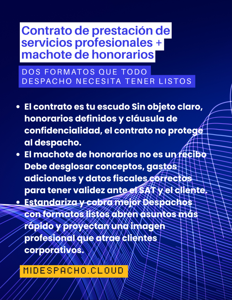 Portada de cartel azul con título en español sobre un contrato de prestación de servicios y formatos, y texto explicativo en blanco; hay un CTA amarillo al pie que dice MID ESPACHO CLOW (texto de muestra).