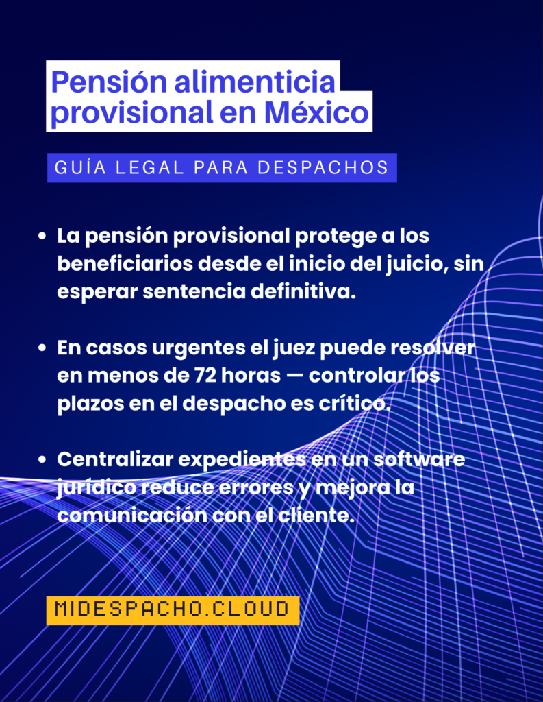 Portada de guía legal: Pensión alimenticia provisional en México, con subtítulo Guía legal para despachos sobre fondo azul y acentos blancos y lilas.