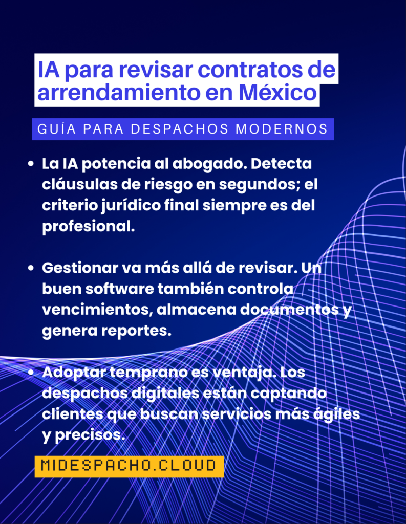 Título en español: IA para revisar contratos de arrendamiento en México, con subtítulo'Guía para despachos modernos' y viñetas sobre gestión de documentos y software.
