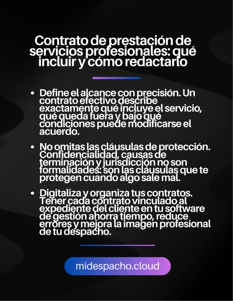 Encabezado grande en español sobre contrato de prestación de servicios profesionales, seguido de viñetas y un botón de CTA con gradiente'midespacho.cloud'.