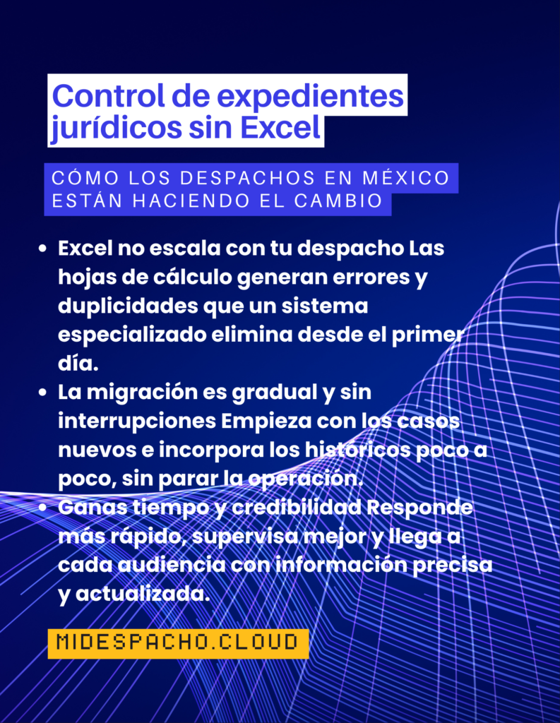 Infographic about moving legal case management from Excel, with a blue gradient background and bold white/purple text blocks showing the title and subtitle.