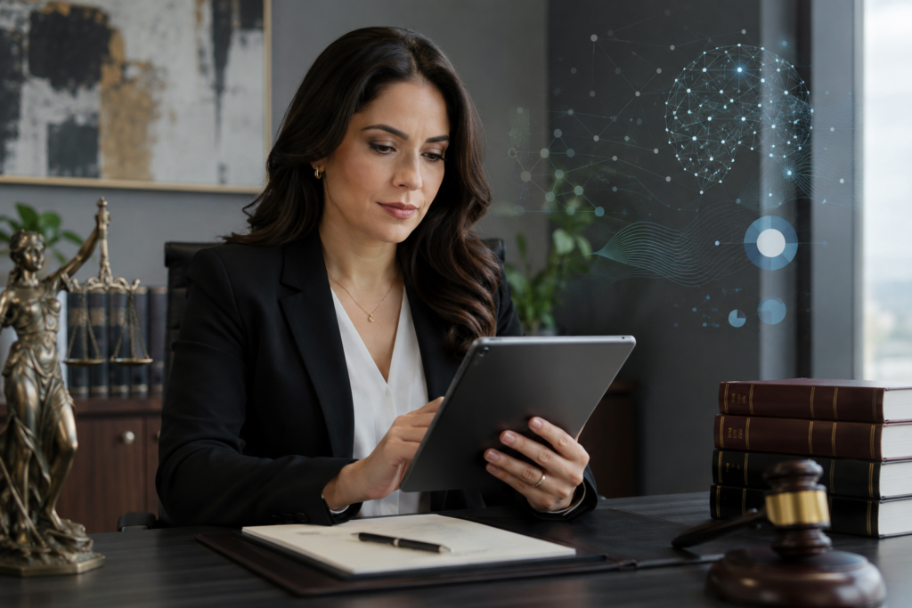 a - Professional woman in a black blazer uses a tablet at her desk with legal books, scales, and a gavel nearby, in a modern office.