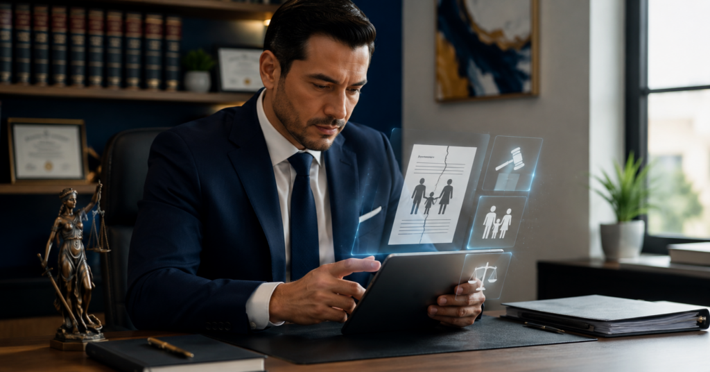 Lawyer in a navy suit uses a tablet with holographic legal documents and justice icons (scales, gavel).