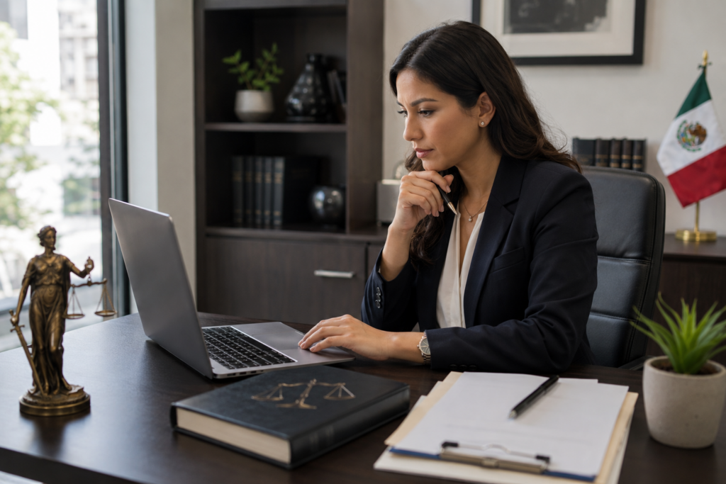 Professional woman in a blazer works on a laptop at her desk, thoughtful pose with hand on chin in a modern office environment.