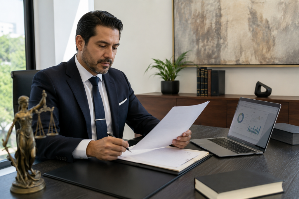 Professional man in a dark suit reviews documents at a desk, with a laptop showing charts and a statue of Lady Justice nearby.