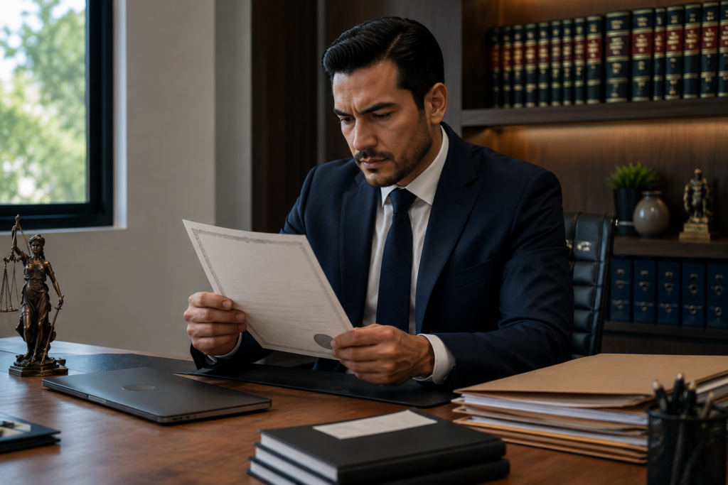 Man in a navy suit reads a document at a wooden desk in a law office, with legal books and a statue in the background.
