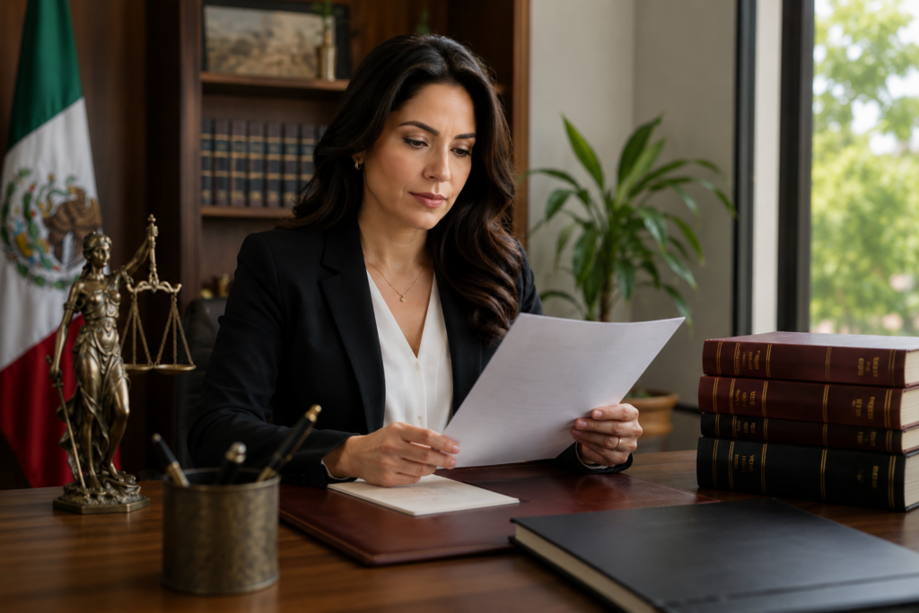 Professional woman in a black blazer studying documents at her desk in a law office with scales and the Mexican flag in the background