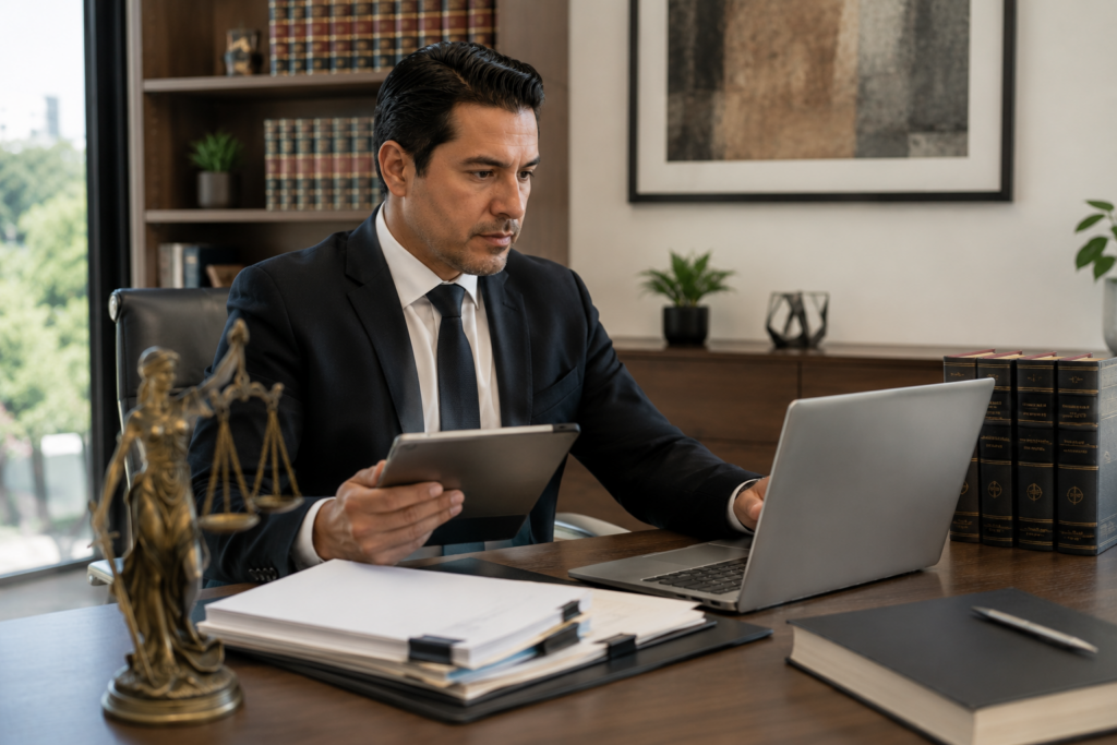 Attorney in a dark suit reviewing a tablet at a wooden desk with a laptop, legal books, and a Justice statue nearby in a office.