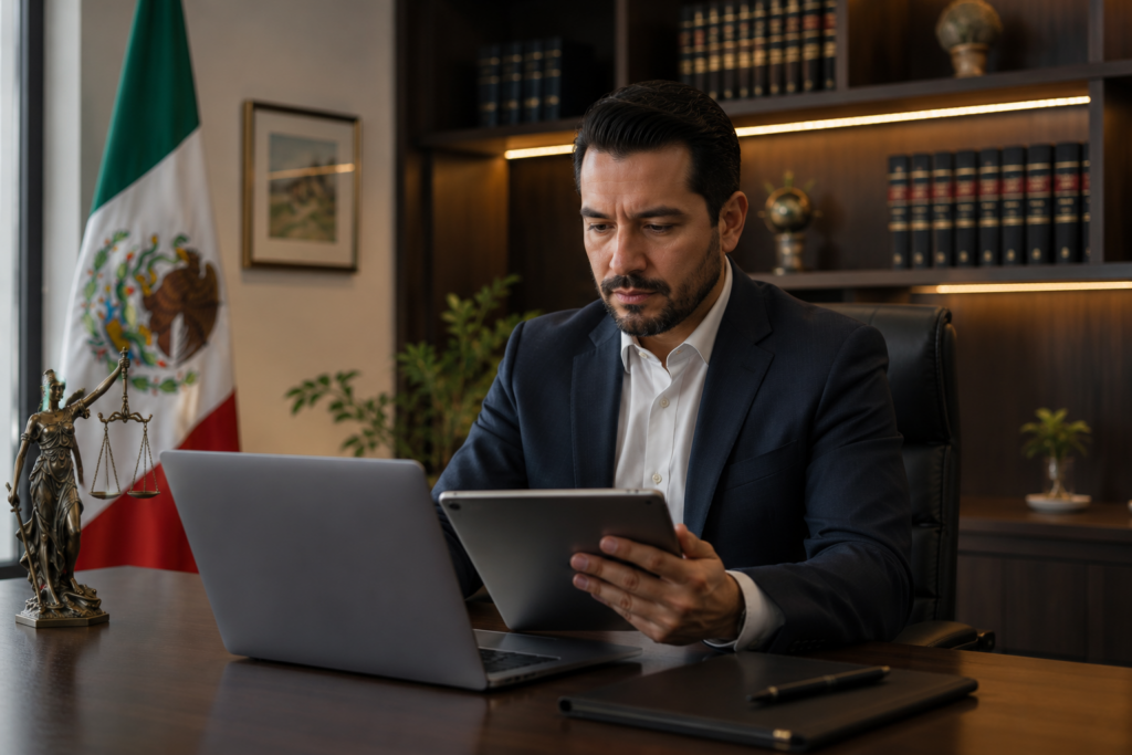 Professional man in a dark suit reviews a tablet at his desk, with a laptop nearby and a Mexican flag in the background.