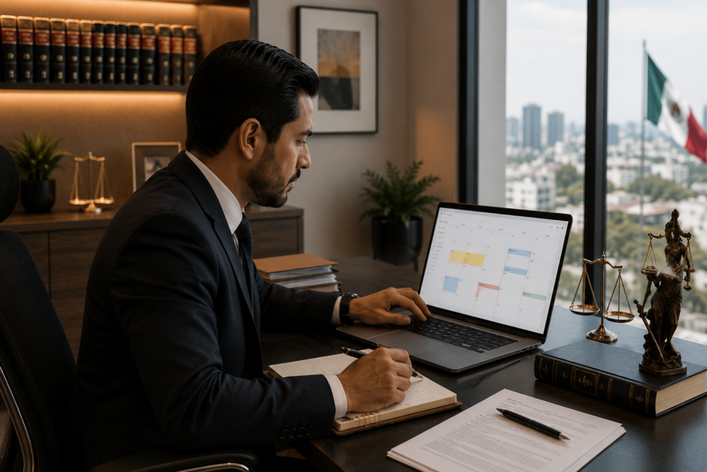 Attorney in a suit writes in a notebook at a desk, studying a calendar on a laptop, with legal scales and books nearby.