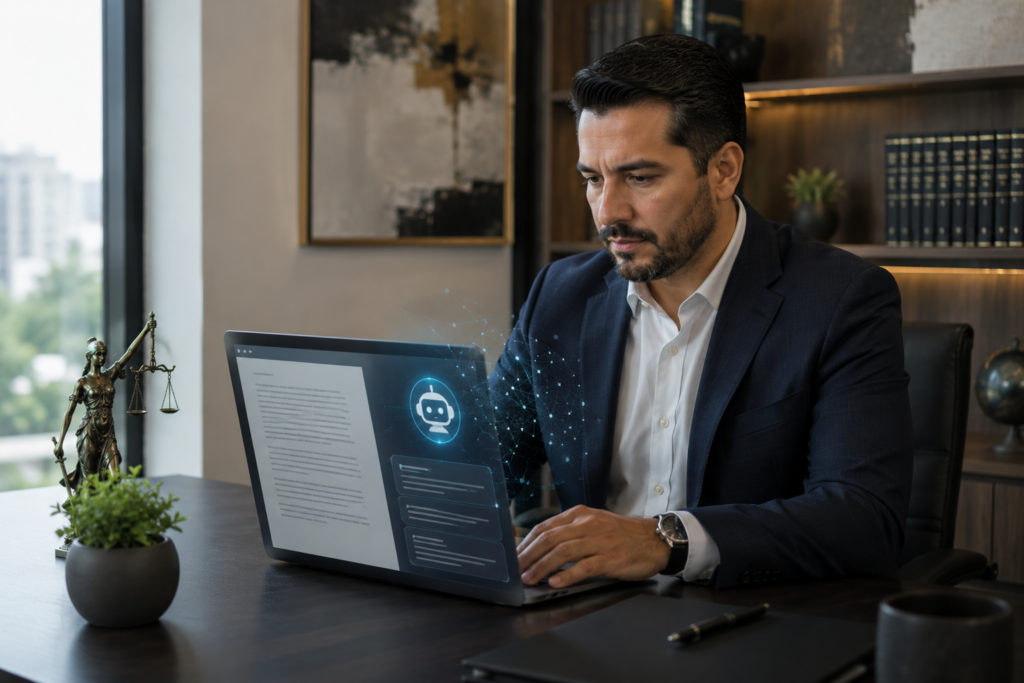 Businessman in a navy suit works on a laptop with a holographic chatbot interface on screen in a modern office.