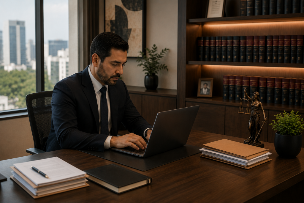 Lawyer in a suit typing on a laptop at a wooden desk, with a bookshelf and Lady Justice statue nearby.