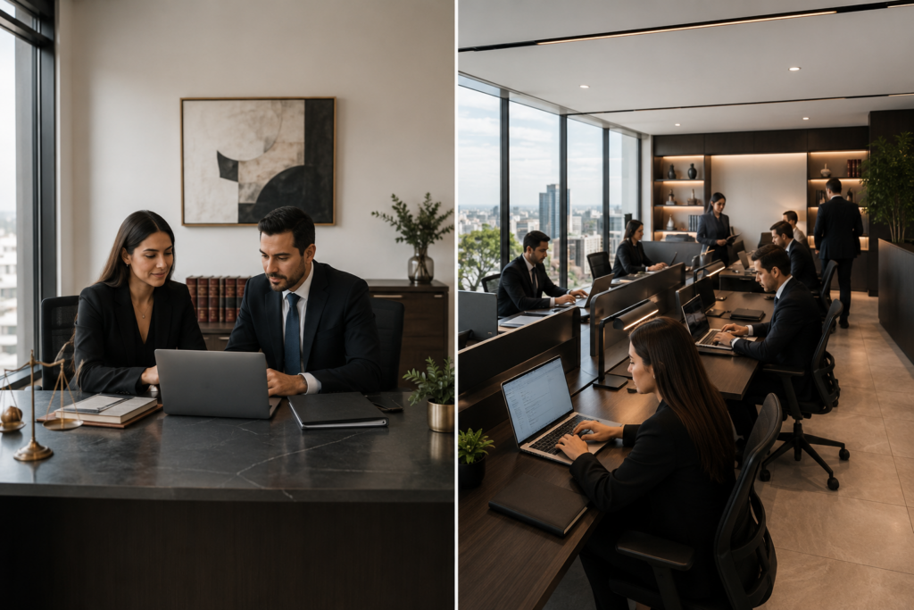 Split image of a modern office: left—two professionals in suits reviewing on a laptop at a dark marble desk; right—open-plan workspace with colleagues at desks and a city view through large windows.