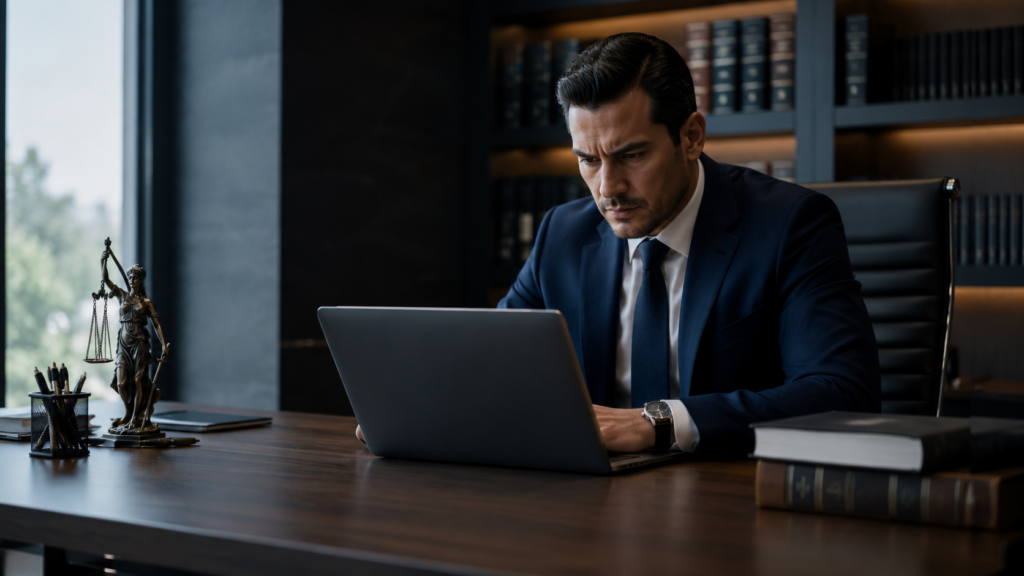 Professional man in a navy suit works on a laptop at a wooden desk in a law-office setting with a statue of Lady Justice nearby