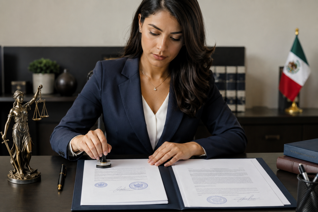 Lawyer stamping a contract at her desk with a Lady Justice statue and a Mexican flag in the background.