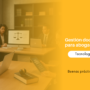 Team of lawyers in a meeting with laptops; bright yellow banner on the right says 'Gestión documental para abogados' (Legal Technology) Best practices in 2026.