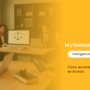 People in a modern law office using laptops, with a bold yellow panel showing 'IA y búsqueda jurídica' and 'Inteligencia Artificial' on the right side.