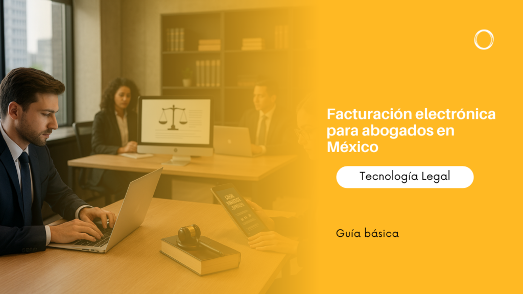 Abogados trabajando en laptops en una sala de reuniones; sobreimpresión naranja con mensaje de facturación electrónica para México y tecnología legal.