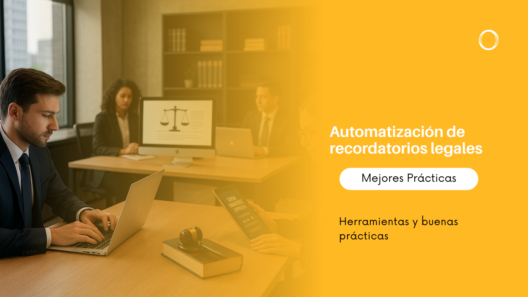 Banner corporativo: equipo de abogados trabajando en una mesa; lado derecho naranja con el texto 'Automatización de recordatorios legales' y 'Mejores Prácticas'.