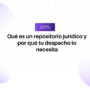 Título de artículo en español: “Qué es un repositorio jurídico y por qué tu despacho lo necesita”, con fondo de círculos lilas y diseño moderno.