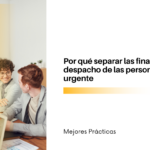 Coworkers sharing a laugh over laptops in a bright office, with a yellow gradient overlay beside a white panel featuring a Spanish headline about separating personal and business finances.