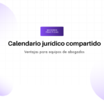Hero banner with the title 'Calendario jurídico compartido' and subtitle 'Ventajas para equipos de abogados', featuring a purple 'Mejores prácticas' badge in the center.