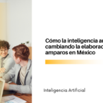 Equipo de tres personas trabajando con laptops en una mesa, con filtro amarillo a la izquierda, junto al título en español sobre IA en México.
