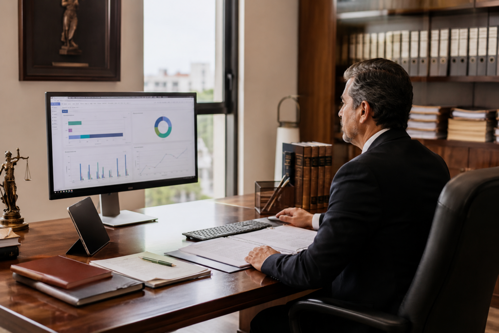 Professional man in a suit analyzes data dashboards on a large monitor at his desk in a modern office settting.