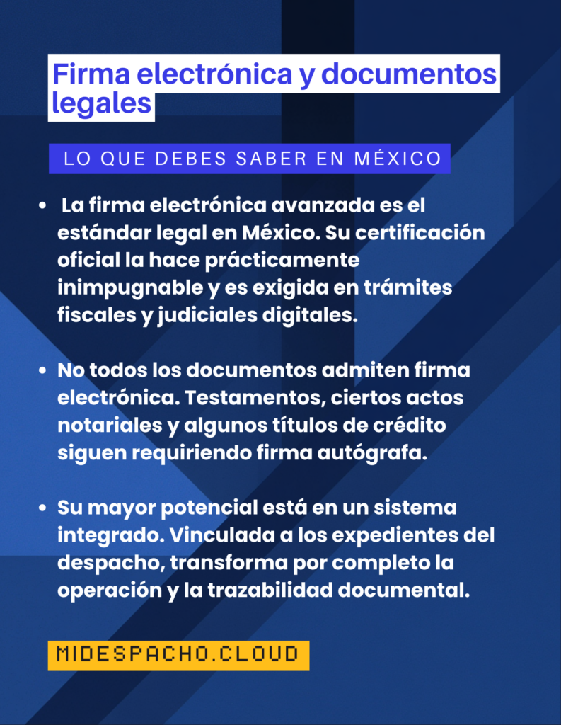 Infografía azul sobre firma electrónica y documentos legales en México, con viñetas de puntos clave