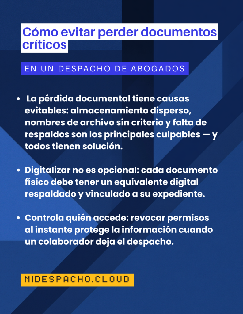 Portada azul con texto en blanco: 'Cómo evitar perder documentos críticos' y subtítulo 'En un despacho de abogados' sobre fondo geométrico; contiene viñetas de puntos.