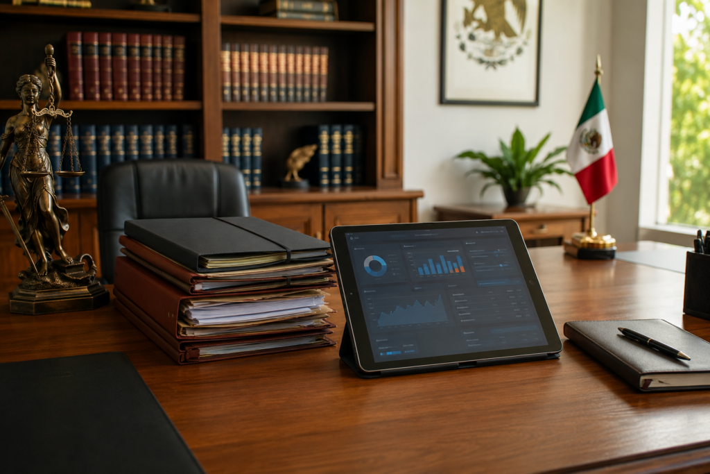Law office desk with a tablet showing charts, a Lady Justice statue, and stacked binders, backed by a book-filled cabinet and a Mexican flag on the right.