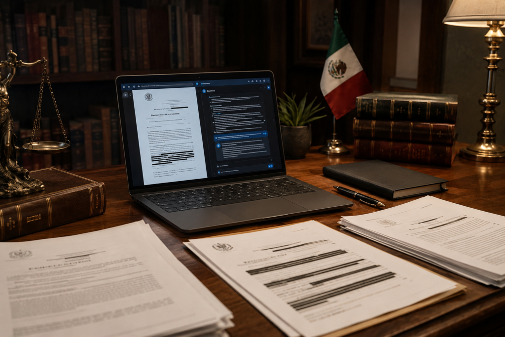 Law office desk with a laptop displaying a legal document and chat on screen, surrounded by papers and a flag in the background.